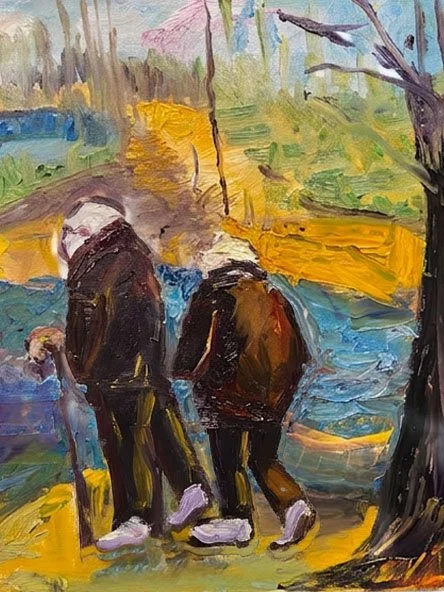 Two children wearing dark clothing and white shoes walking near water, with trees and a yellow wall in the background, painted in an impressionistic style.