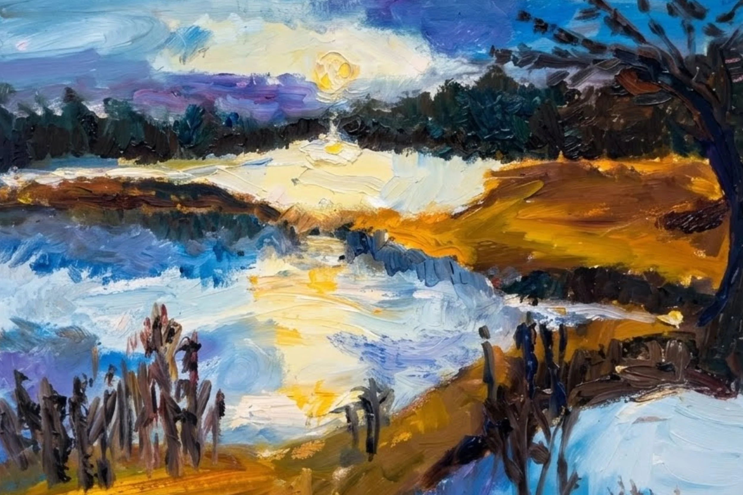 Impressionistic painting of a sunset over a lake with trees in the foreground and colorful sky reflected in the water.