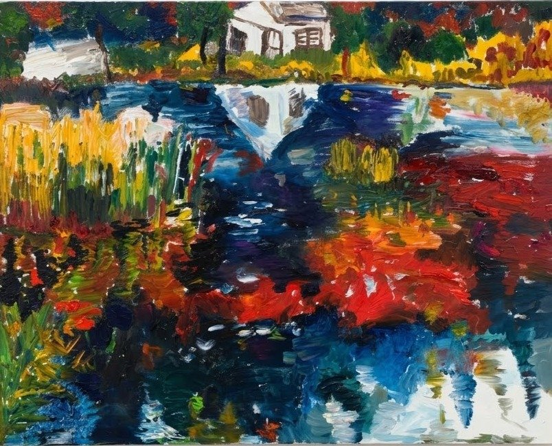 Impressionist painting of a river scene with colorful foliage, a small house, and a bridge.