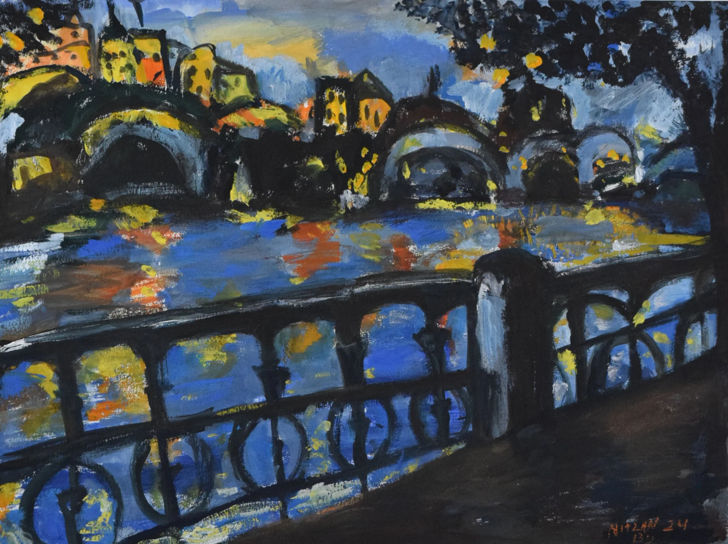 An abstract painting of a cityscape with bridges over water, colorful buildings, trees, and a blue sky, rendered in bold, expressive brushstrokes.