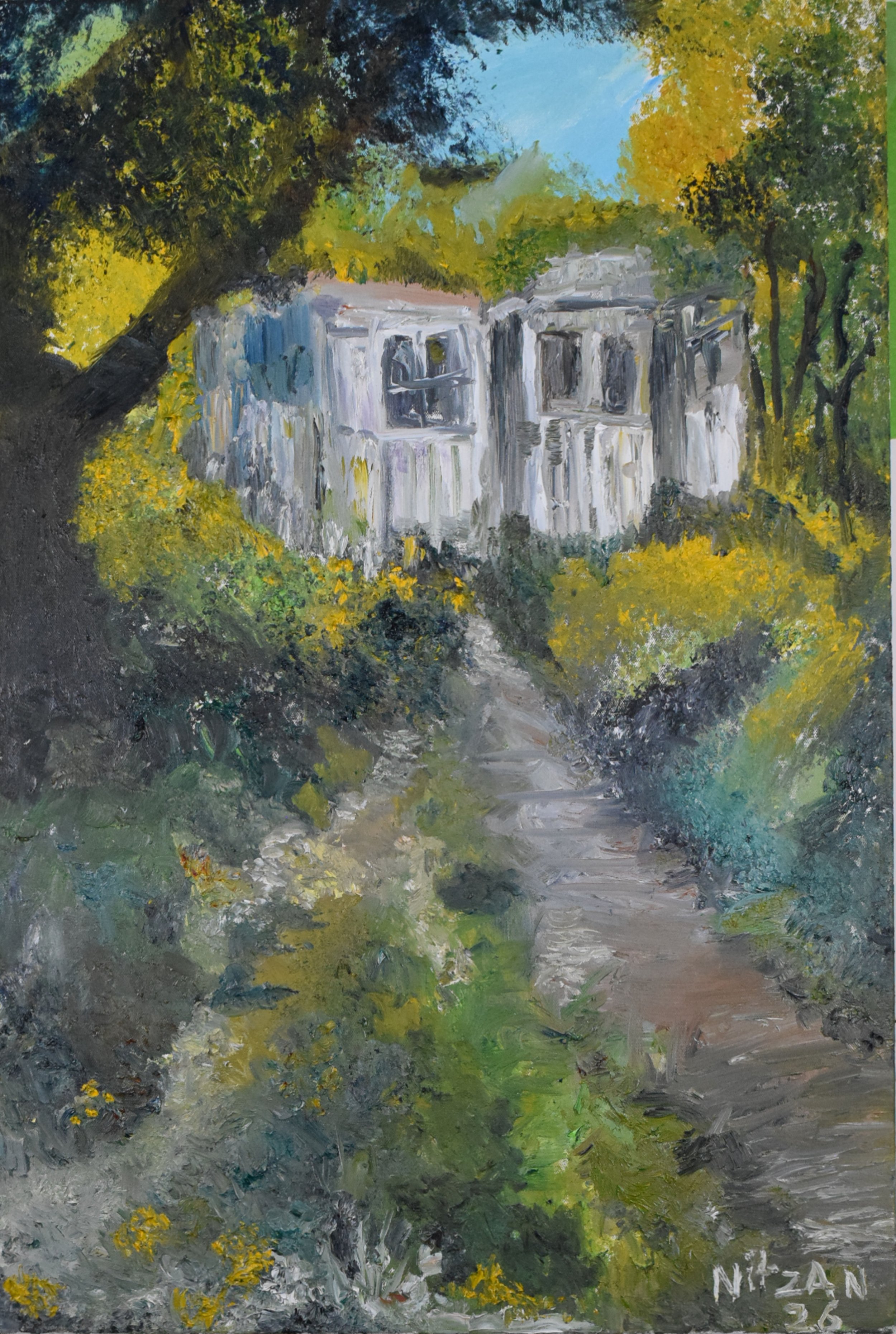 A painting of a white house with gray shutters sitting among trees with yellow and green leaves, with a dirt path leading towards it.