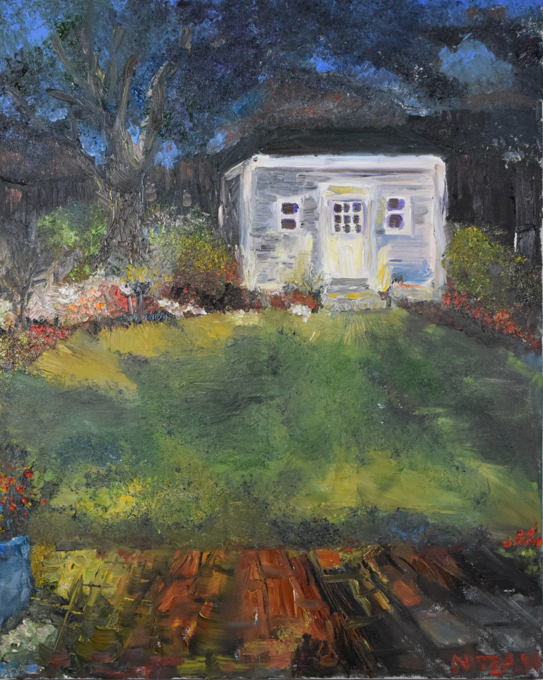 An impressionistic painting of a house at night with a dark arched roof, a white facade with multiple windows, surrounded by trees and colorful bushes, and a pathway in the front.