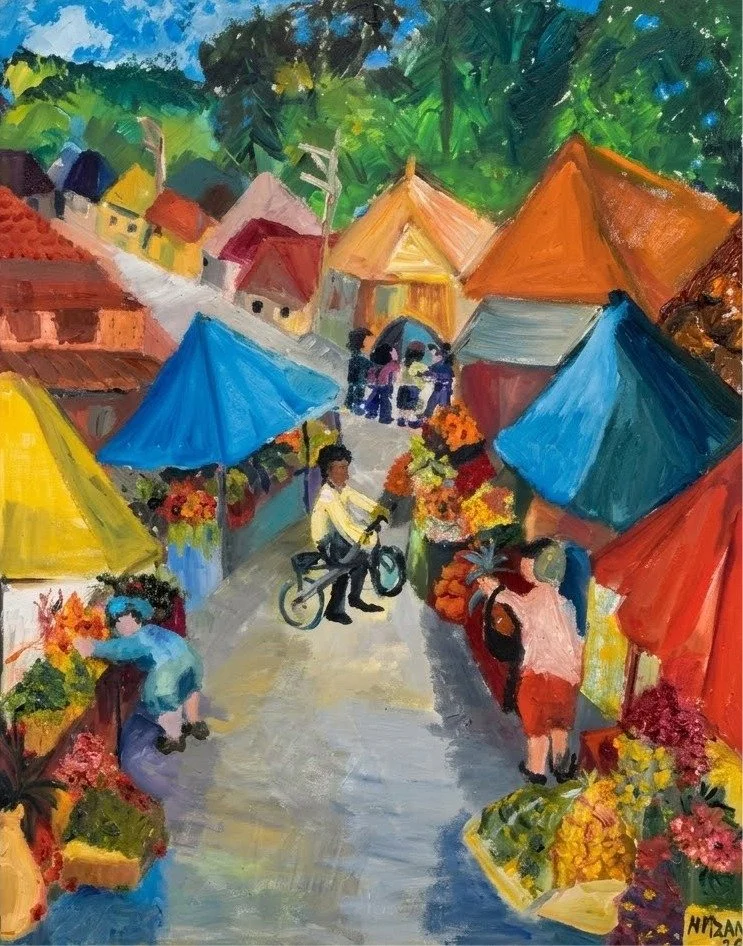 A vibrant street market scene with colorful stalls and tents, vendors selling flowers and vegetables, and people shopping and cycling amidst greenery and houses.