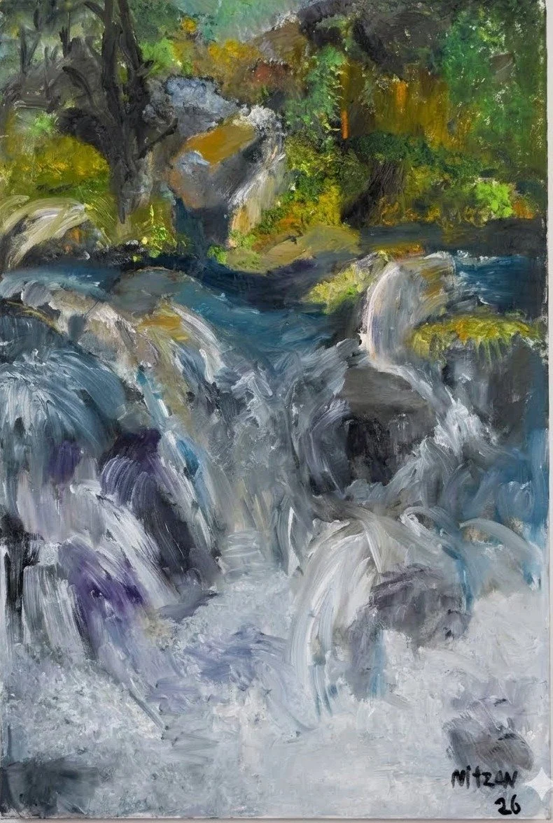 A painting of a flowing river with small waterfalls surrounded by rocks and lush green trees, signed by NItzan in 2026.