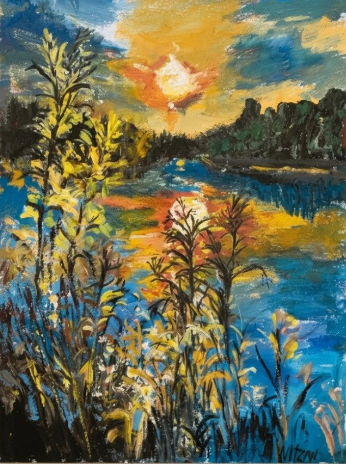 Golden hour at water's edge 18x24 Gouache  