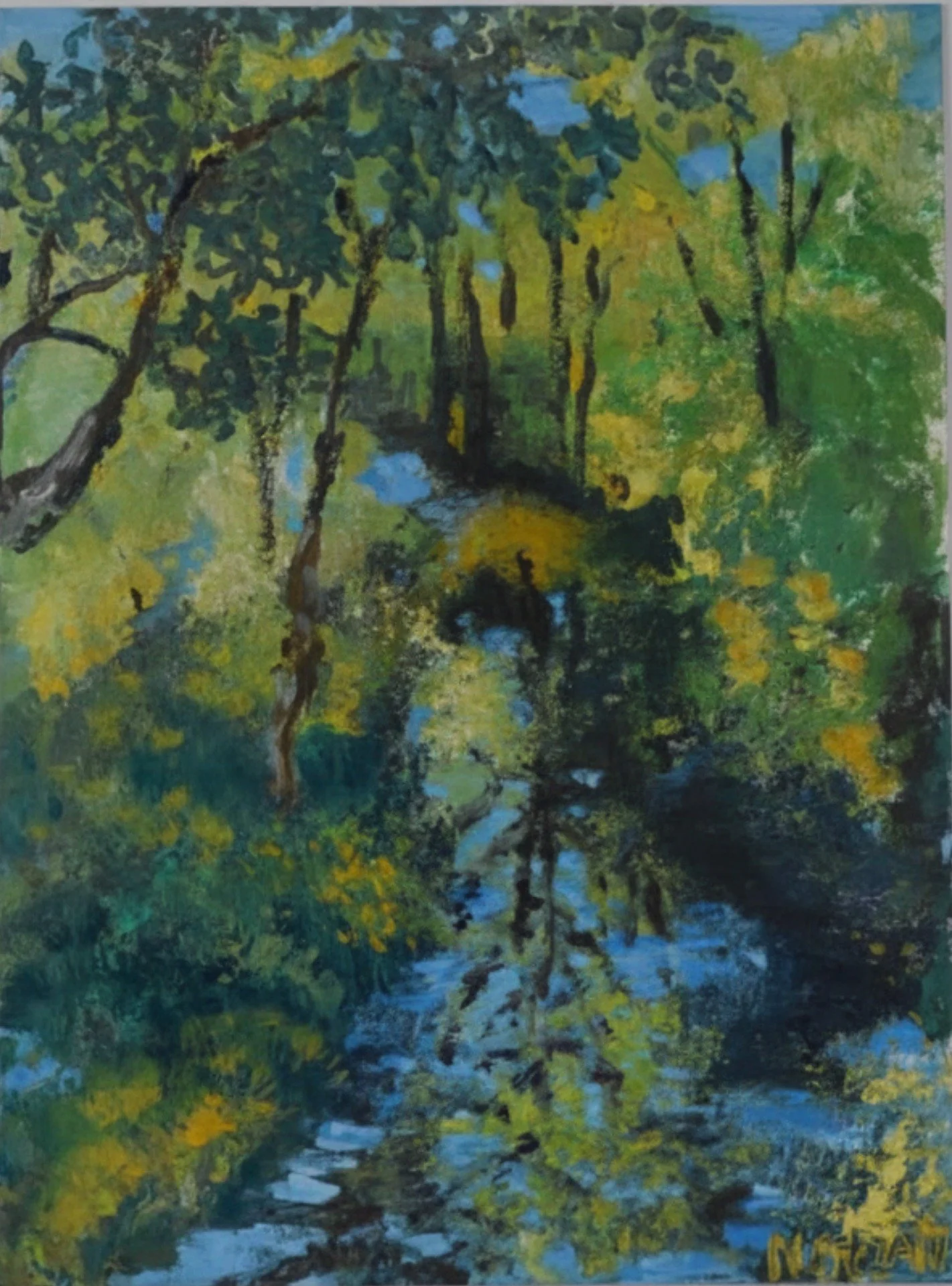 Quiet Forest Reflections 18x24 Gouache Impasto 