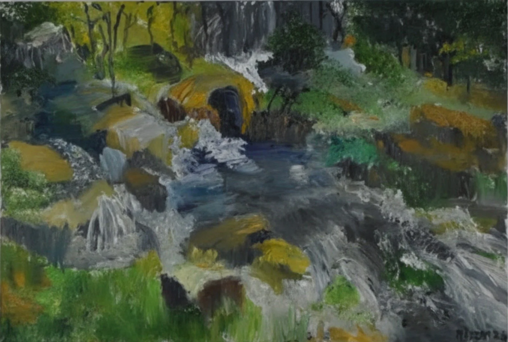 A landscape painting of a flowing stream surrounded by rocks, trees, and greenery, with a small waterfall on the left side.