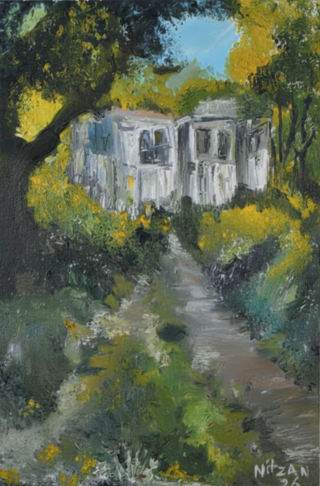 Oil painting of an old, weathered gray wooden shed surrounded by dense forest greenery and vibrant yellow foliage.