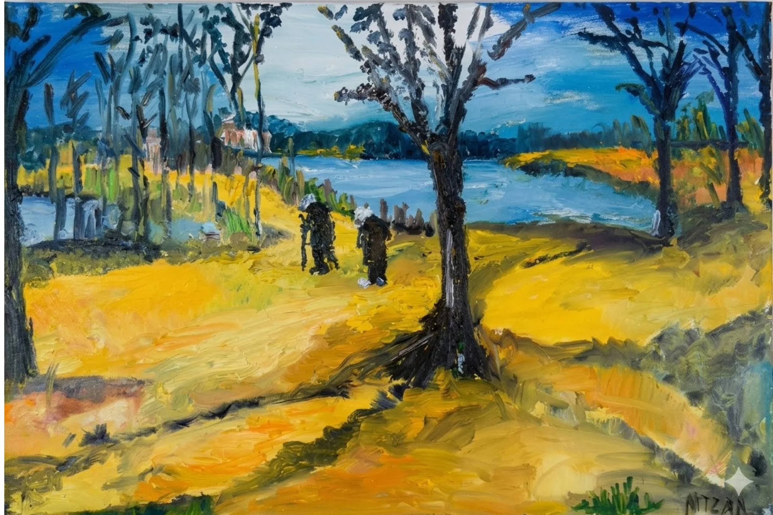 A colorful landscape painting depicting a river flowing through a vibrant countryside with trees and yellow fields, under a bright blue sky.