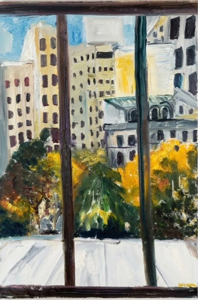 A painting of a cityscape seen through a window with wooden framing. The scene includes tall buildings, some in yellow and blue, and trees with autumn foliage in the foreground.