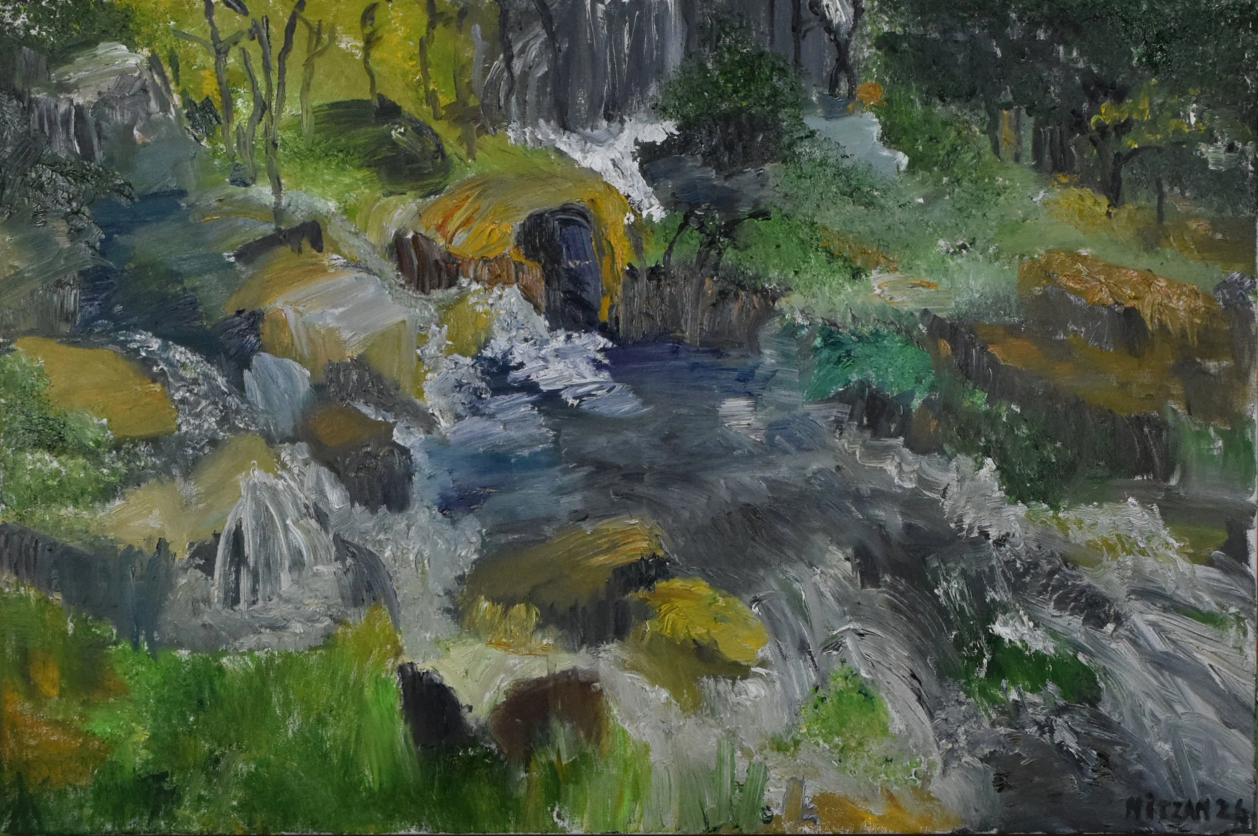 Landscape painting of a flowing river with rocks, surrounded by green trees and grass.