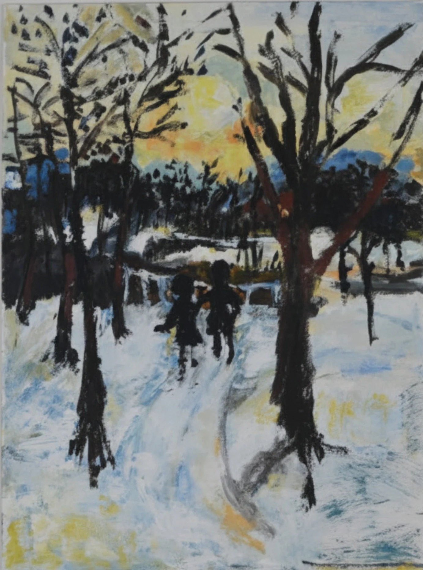 
Winter Walk at Dusk 18x 24 Gouache Painting