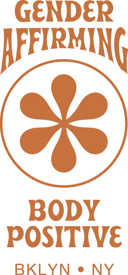 Text that reads 'Gender Affirming Body Positive BKLYN NY' with a stylized flower emblem in the center, all in brown on a black background.
