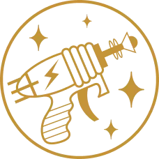 A gold-colored outline of a cat with a tail, surrounded by stars on a black background.