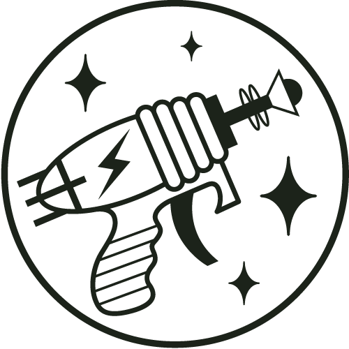 A stylized illustration of a toy gun with rocket-like features, surrounded by stars in a circular design.
