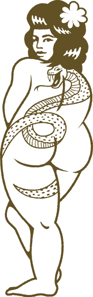 A line drawing of a person with curly hair, a flower in their hair, and a snake wrapped around their waist, smiling and looking at the viewer.