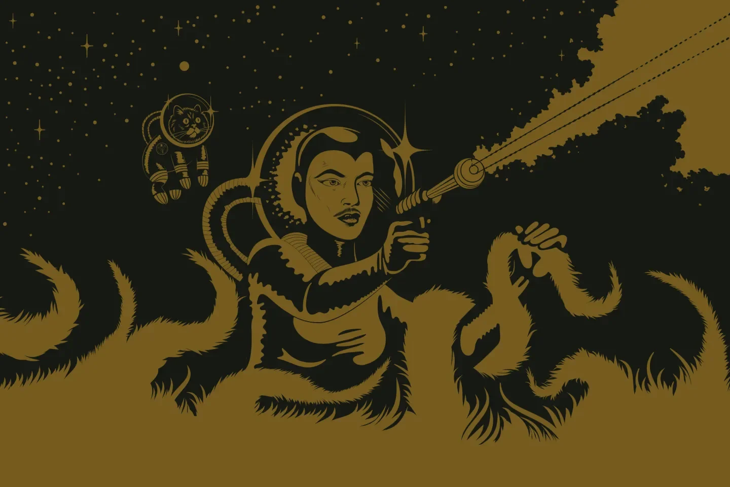 An illustration of a person in a spaceship suit with a cat in a space helmet, aiming a laser gun through a cosmic landscape with stars and clouds.