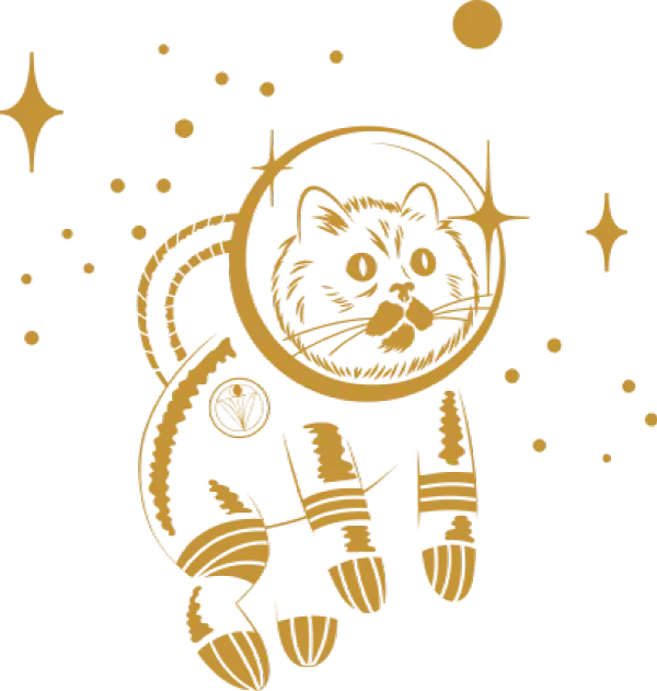 Illustration of a cat in an astronaut suit floating in space with stars and planets in the background.