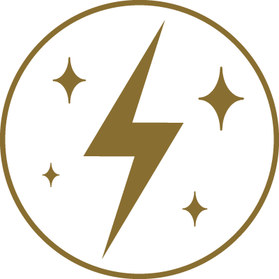 A black circular logo with a gold lightning bolt in the center, surrounded by four gold star shapes.
