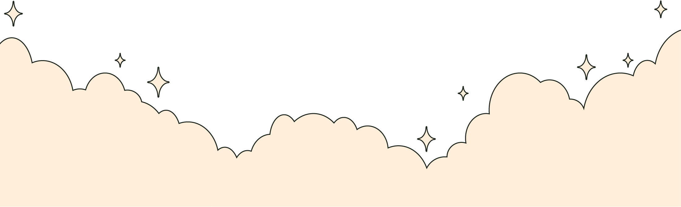 Nighttime sky with clouds, stars, and a crescent moon.