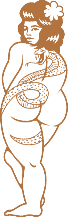 A line drawing of a person with curly hair, a flower in their hair, and a snake wrapped around their waist, smiling and looking at the viewer.