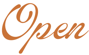 Open sign in brown cursive font.