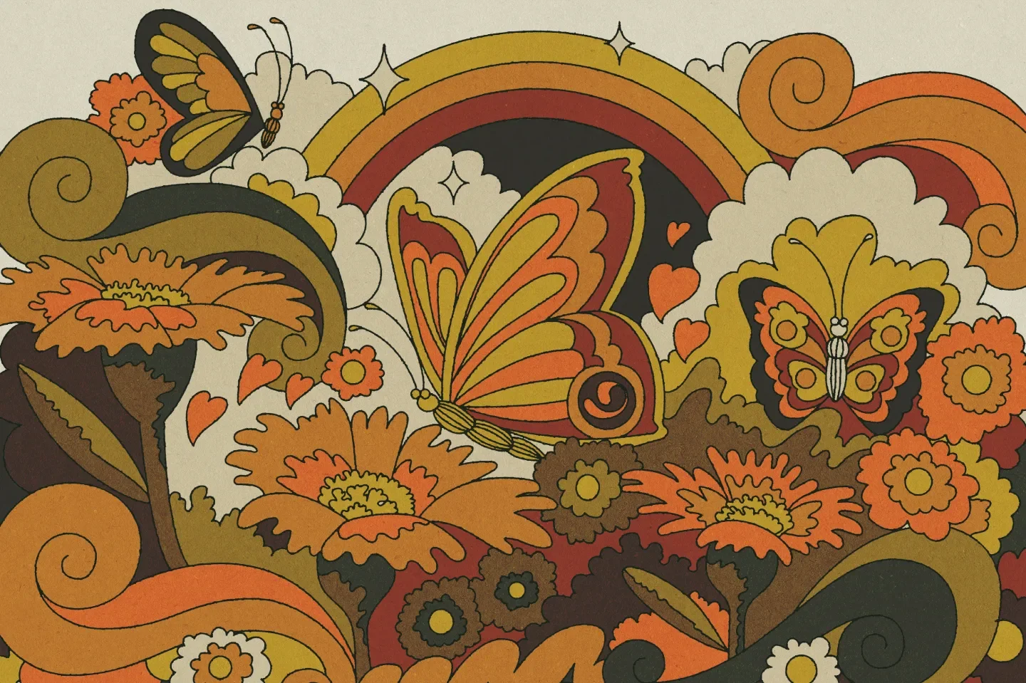 Retro floral and butterfly pattern with orange, yellow, brown, and black colors, featuring butterflies, flowers, rainbows, and clouds.