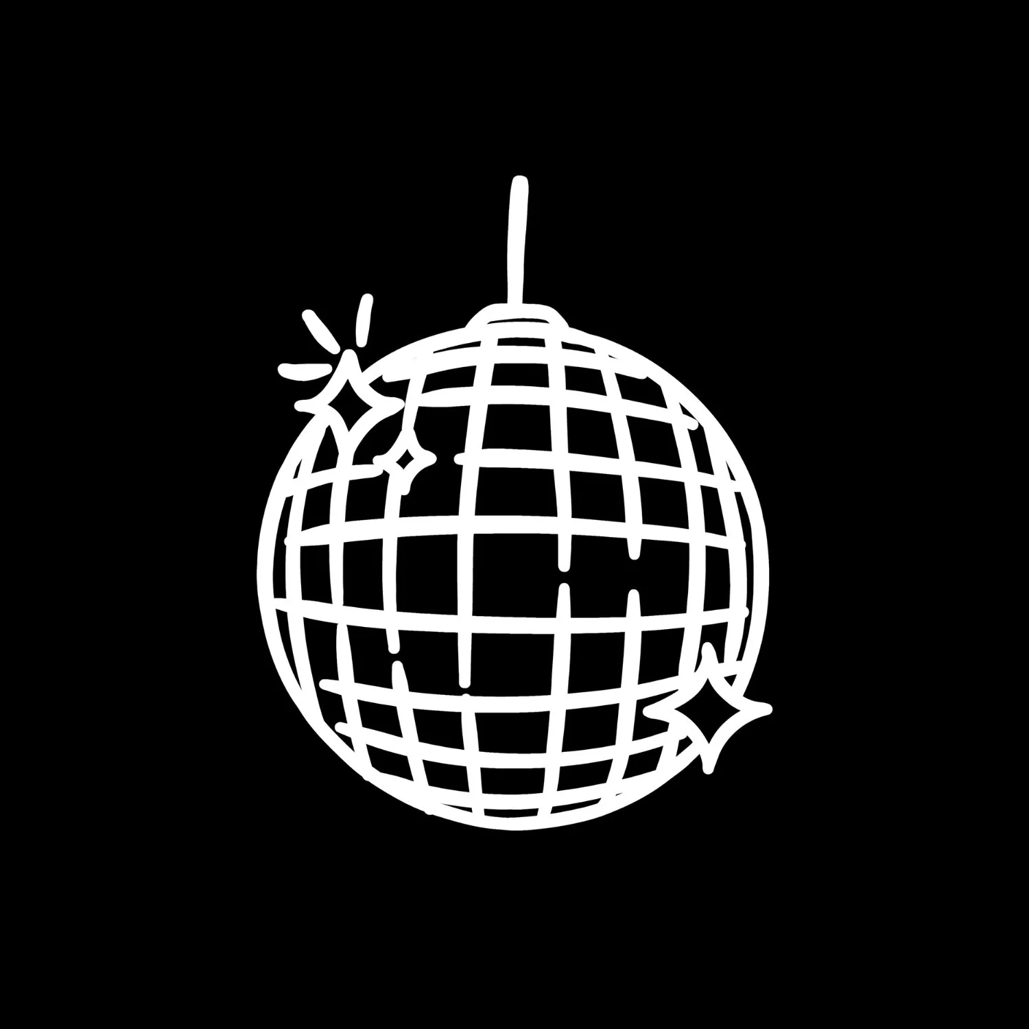 Outline of a disco ball with sparkle effects on a black background.