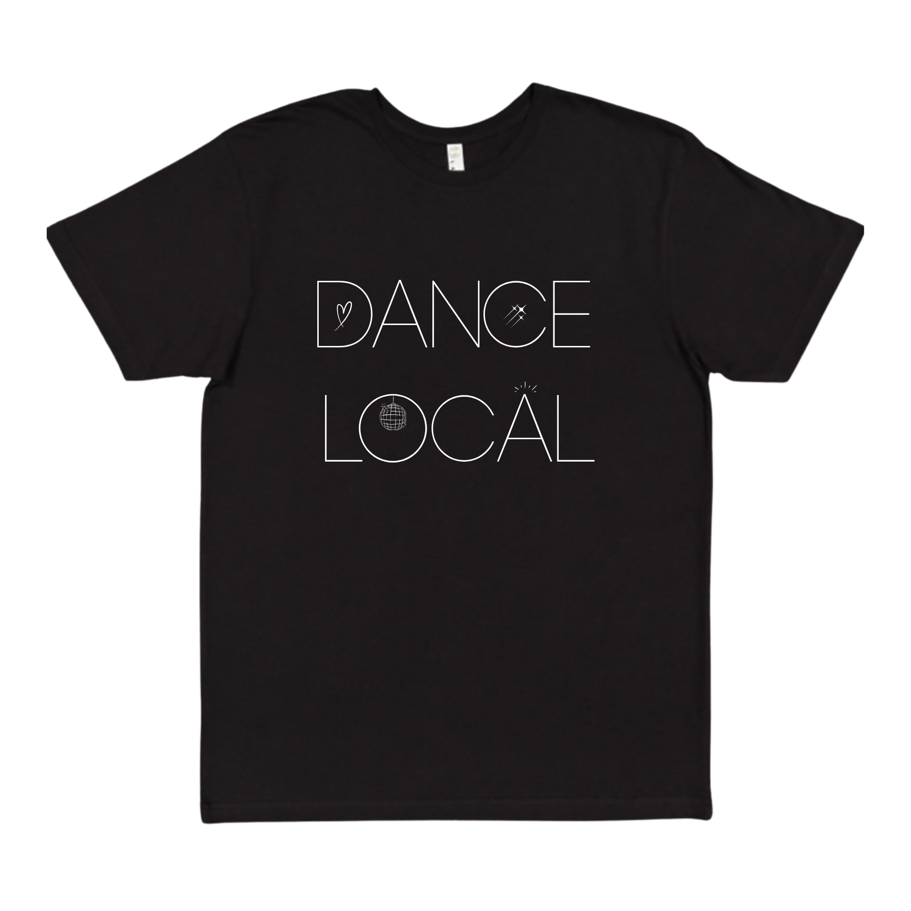 Black t-shirt with white text that reads 'DANCE LOCAL' and small graphics of a heart, stars, a disco ball, and lines.