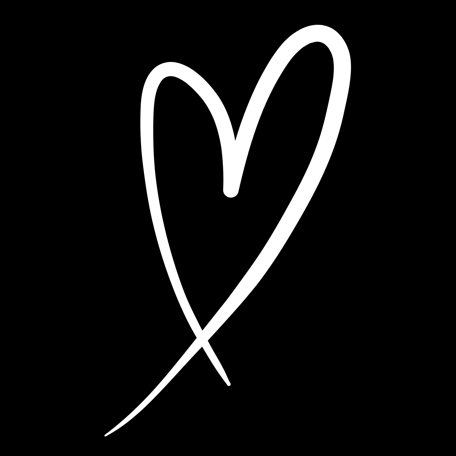 A white line drawing of a heart on a black background, with a stroke across it.
