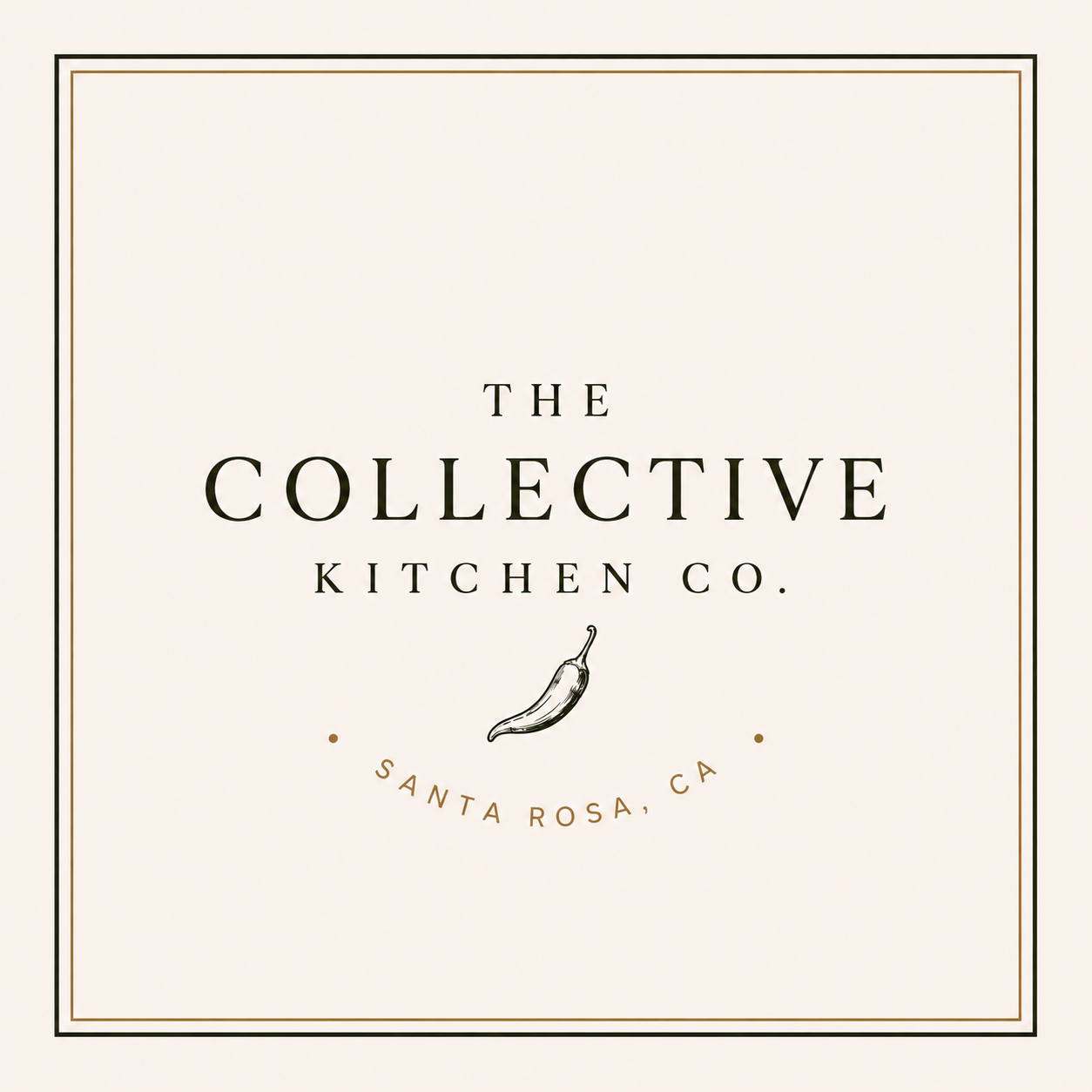 Label for The Collective Kitchen Co., a restaurant in Santa Rosa, CA, featuring minimalist design with a chili pepper illustration.