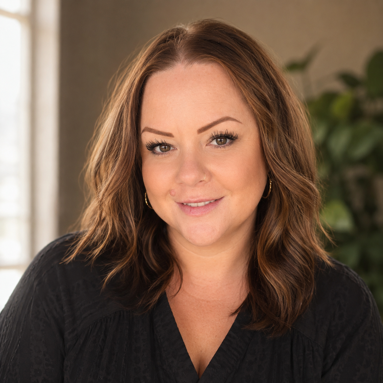 A woman with shoulder-length brown hair, brown eyes, and hoop earrings, smiling in a room with neutral walls and a window with blinds in the background.