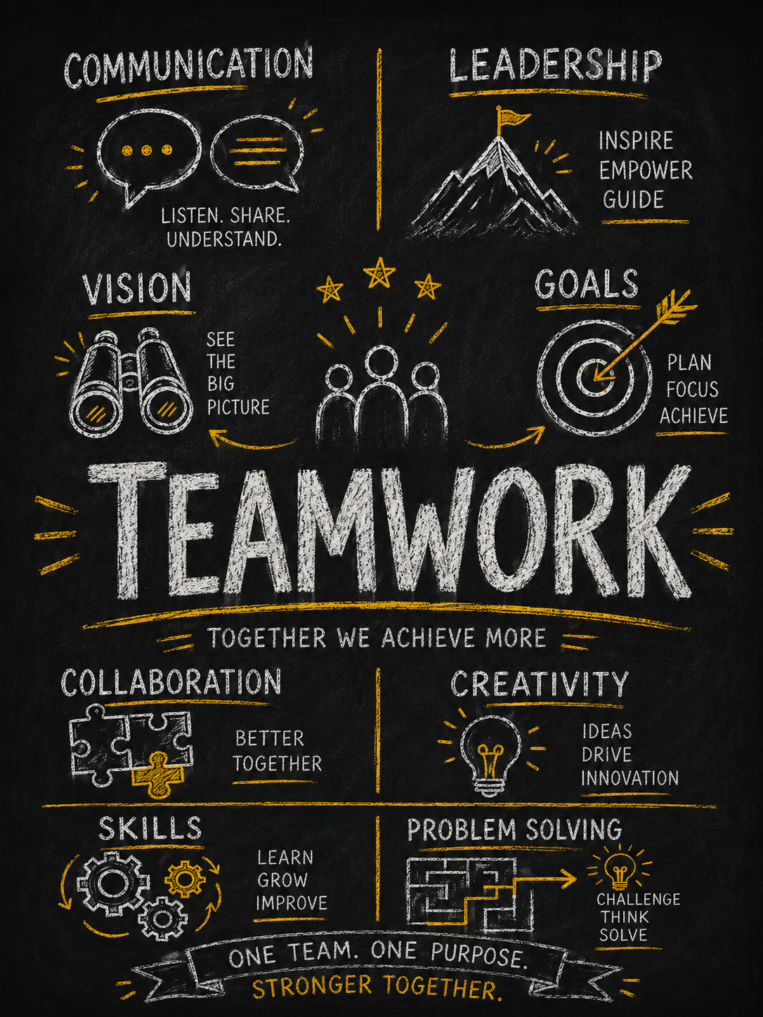 Een schets op een zwarte achtergrond met tekst en tekeningen over teamwork, communicatie, leiderschap, visie, doelen, samenwerking, creativiteit, vaardigheden en probleemoplossing.
