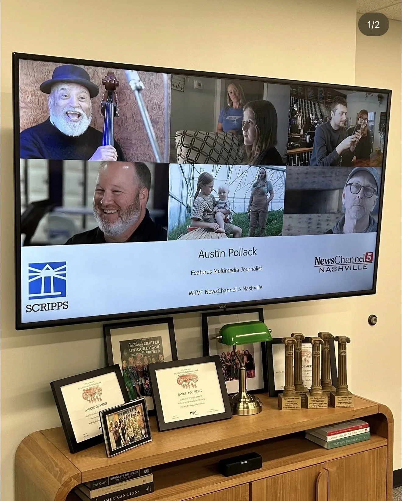 Television screen displaying a collage of seven people, including a man with a hat and white beard, a woman with short blonde hair, a young man with dark hair, an older man with glasses, a woman and child in a greenhouse, and other individuals. The s