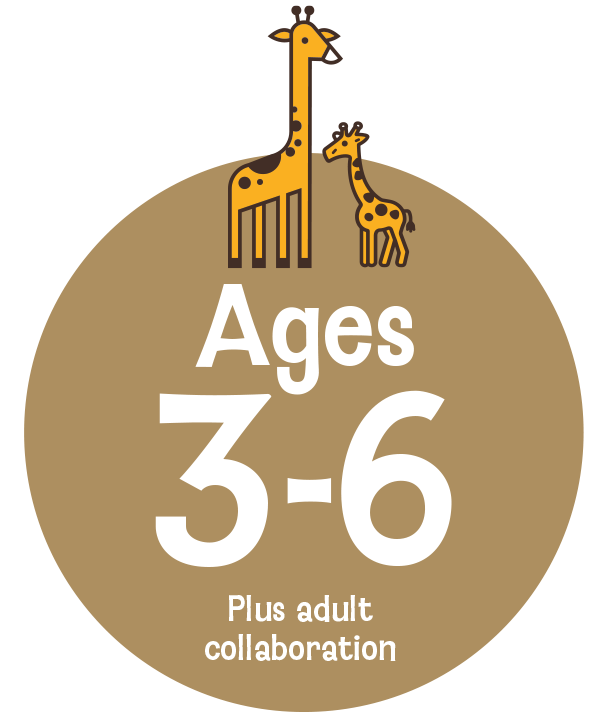 Illustration of a large giraffe and a smaller giraffe with text indicating age range 3-6 years and mentioning adult collaboration, set against a black background.