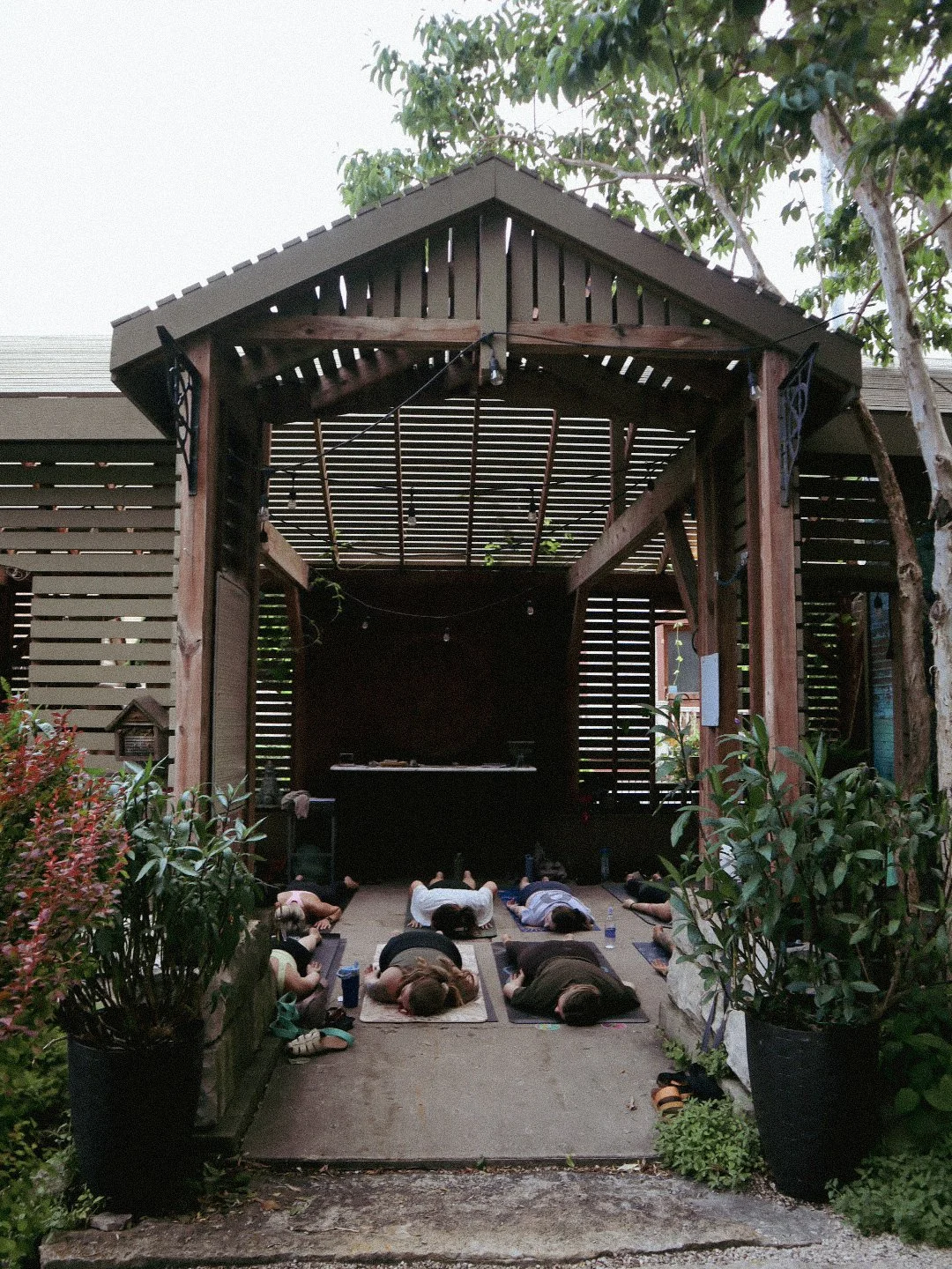 People participating in outdoor yoga class on mats in front of a wooden shelter, surrounded by greenery.