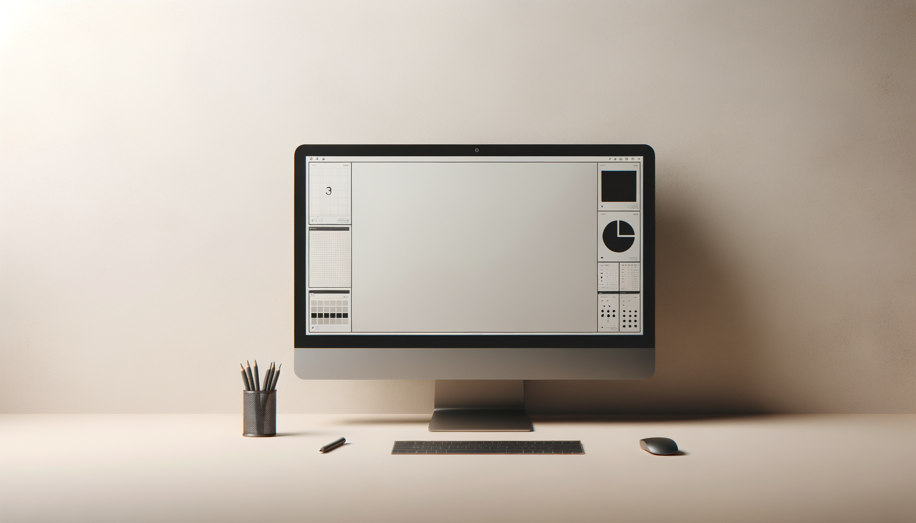 A minimalist workspace with an iMac computer, black keyboard, and mouse on a white desk, with a container of black pens and a pen on the desk.
