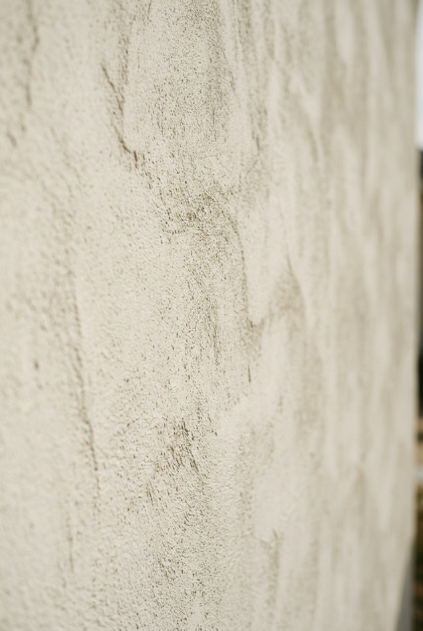 Close-up of a textured, beige stucco wall with subtle surface details.
