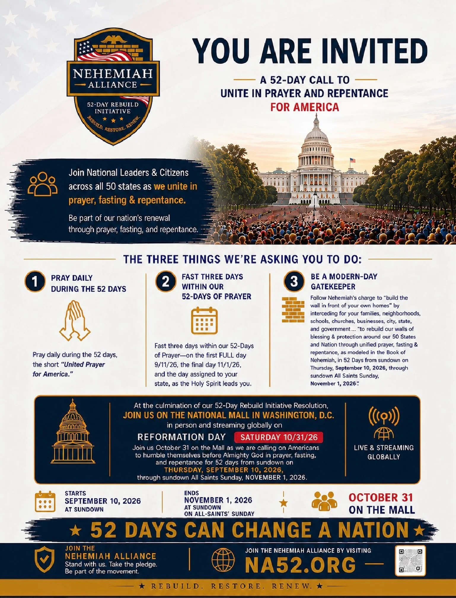 I am honored to be joining the @nehemiahalliance and to be speaking in Washington DC on October 31st as we pray for our nation, repent of our national sins, and stand for the Word of God. 52 days of prayer started on September 10th so join us as we s