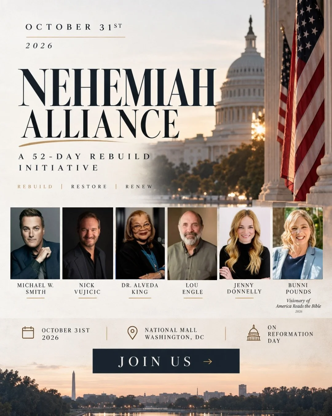 America doesn&rsquo;t need more spectators, it needs people who will rebuild. 🇺🇸

On Reformation Day, October 31st, believers from across the nation and around the world are gathering on the National Mall in Washington, D.C. for the Nehemiah Allian