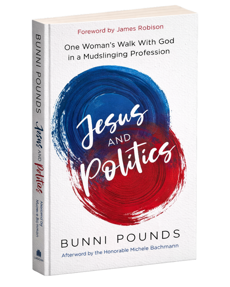 Book titled 'Jesus and Politics' by Bunni Pounds with a foreword by James Robison. The cover features a blue and red circular design on a white background.