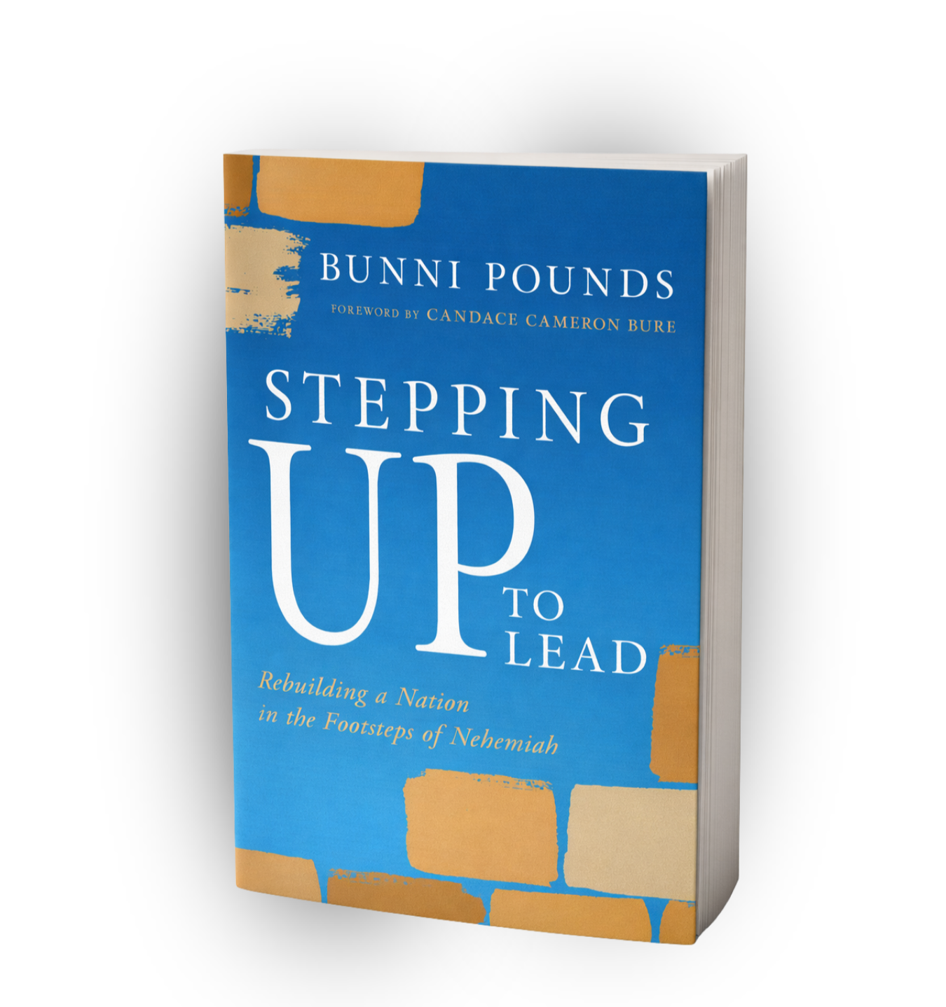 A book titled 'Stepping Up to Lead' by Bunni Pounds, with a foreword by Candace Cameron Bure, on a black background.