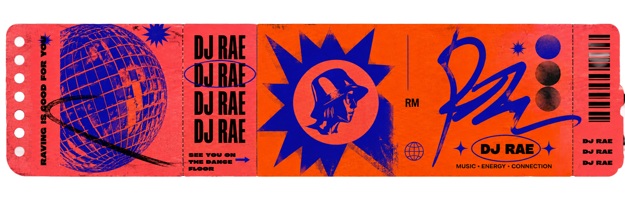 Orange red and blue ticket stub with DJ RAE, her blue symbol of her head with a bucket hat, and a barcode.