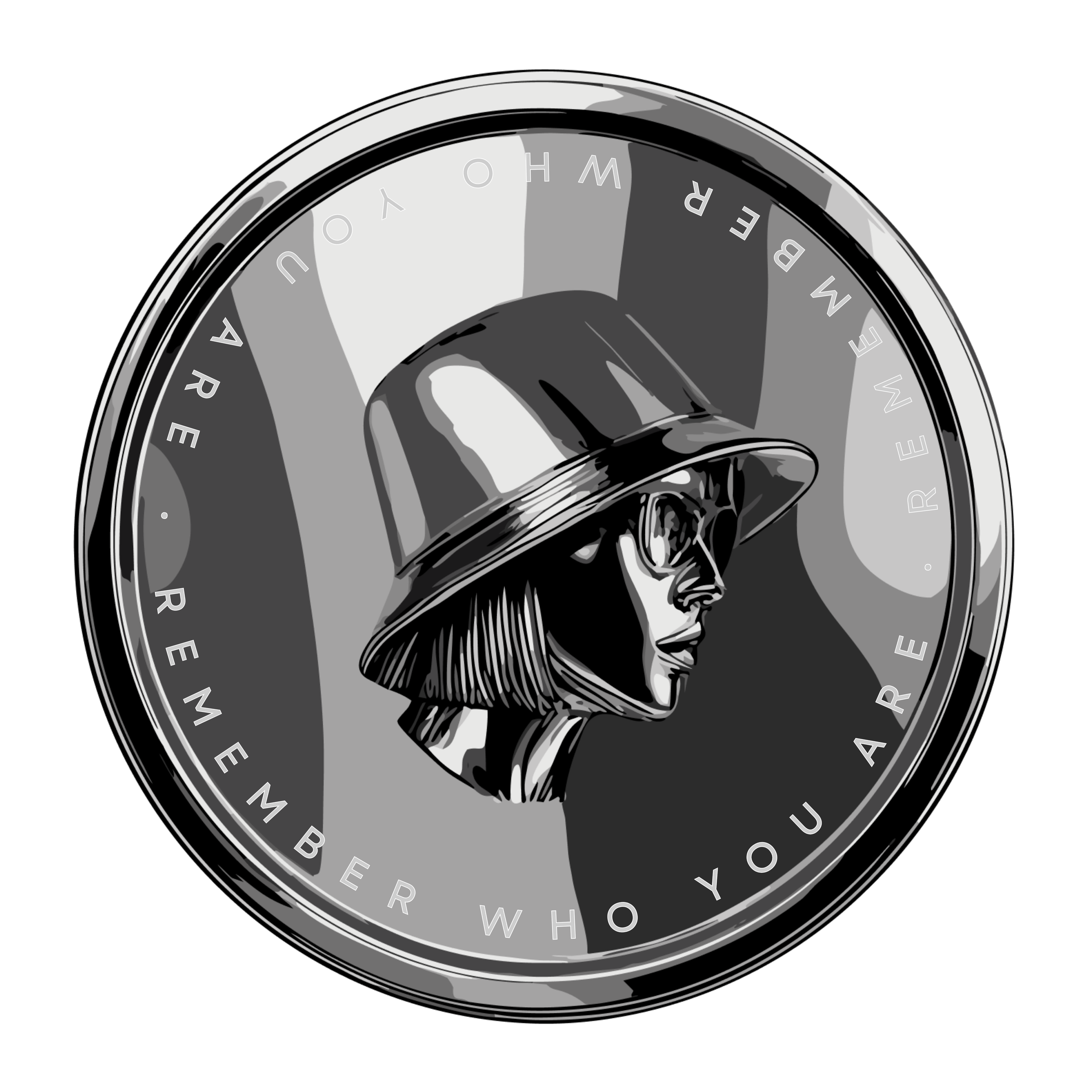 Rachel Molenda DJ RAE Signature chrome coin design with her head wearing a bucket hat. remember who you are written around the circumference of the coin