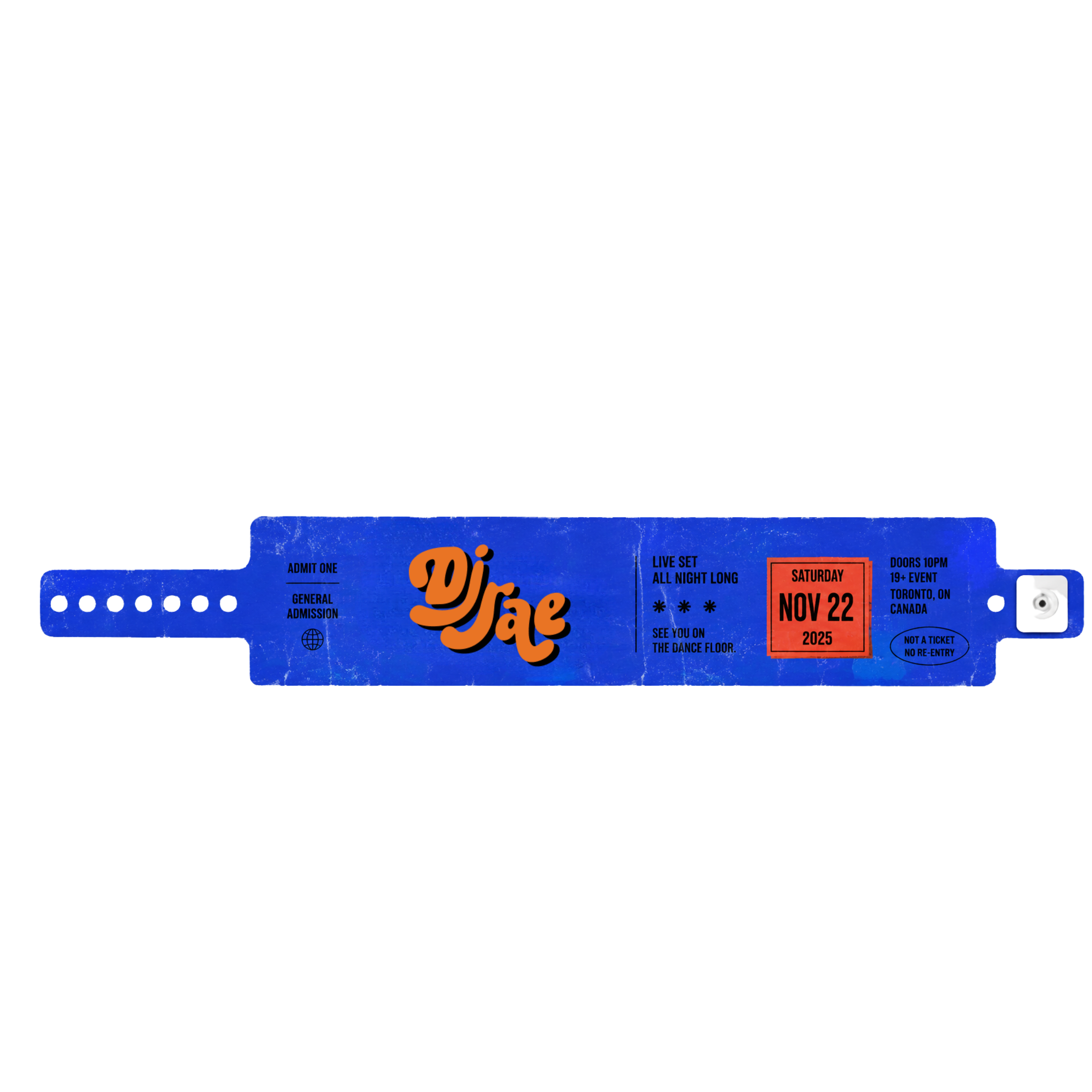 DJ RAE blue concert wristband with DJ RAE logo, date, doors open, admit one general admission