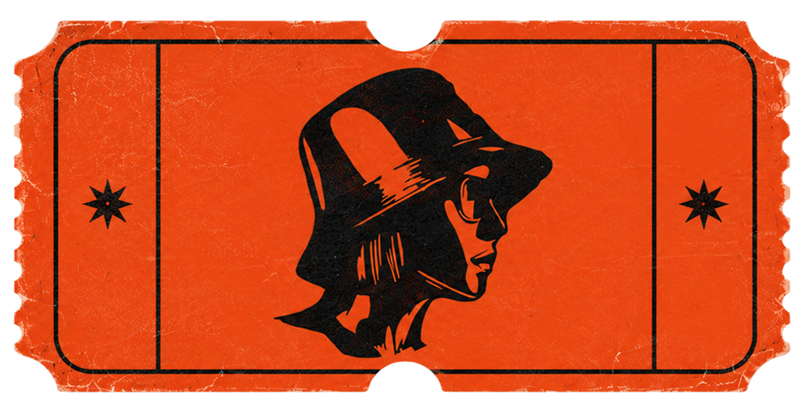 Orange ticket stub with Rachel Molenda symbol/logo in the middle wearing a bucket hat and glasses with two stars on either side