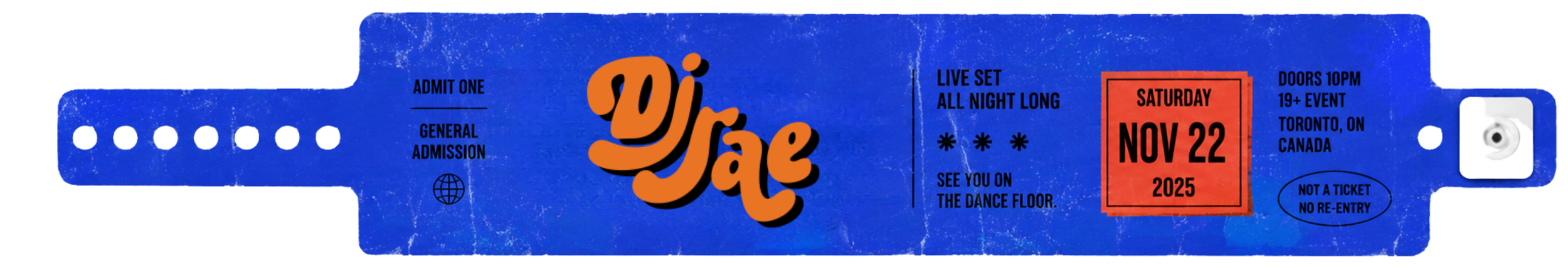 DJ RAE blue concert wristband with DJ RAE logo, date, doors open, admit one general admission