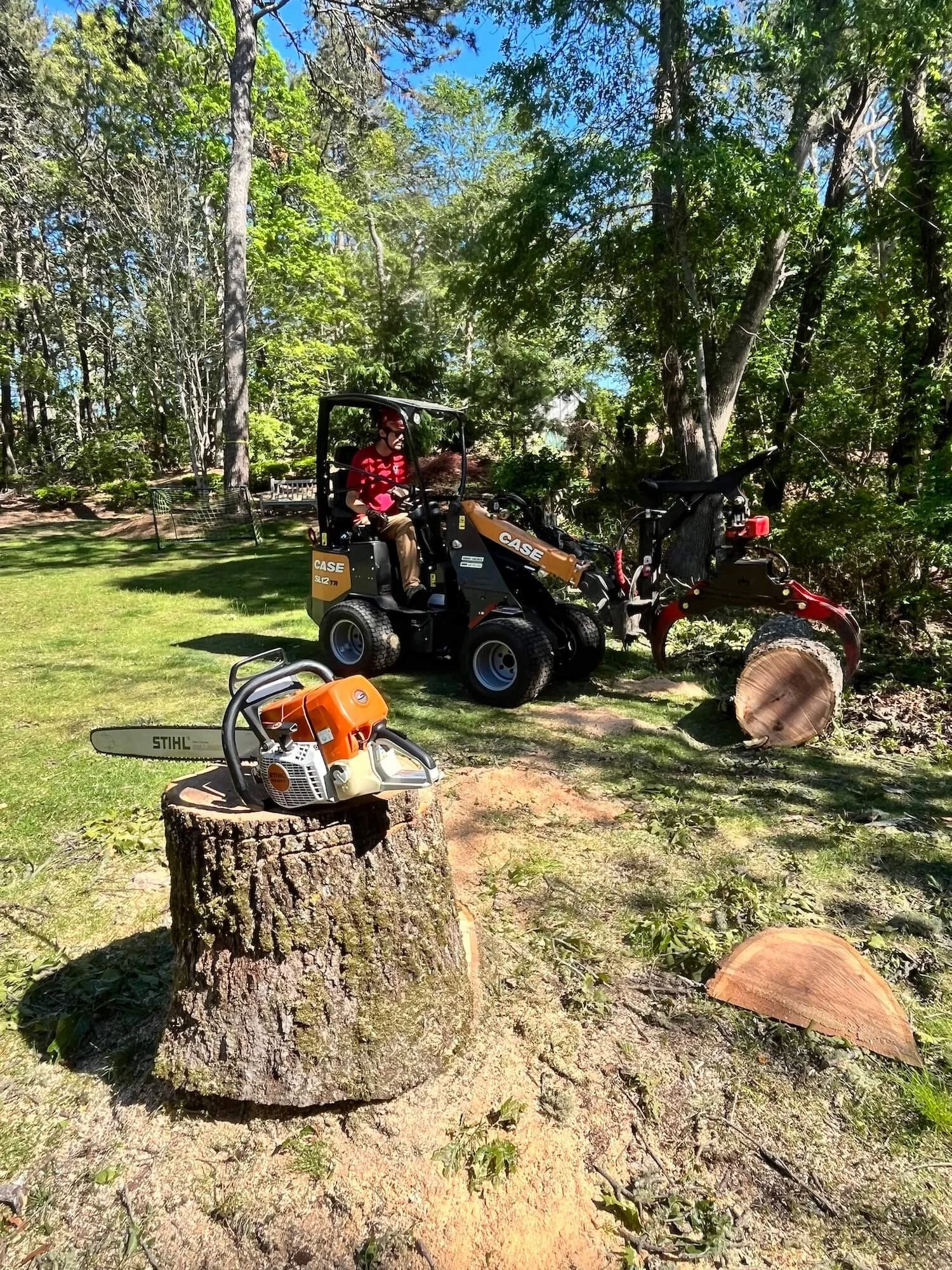 A person operating a small CASE skid-steer loader on a grassy area surrounded by trees, with a chainsaw resting on a tree stump in the foreground and cut logs on the ground.