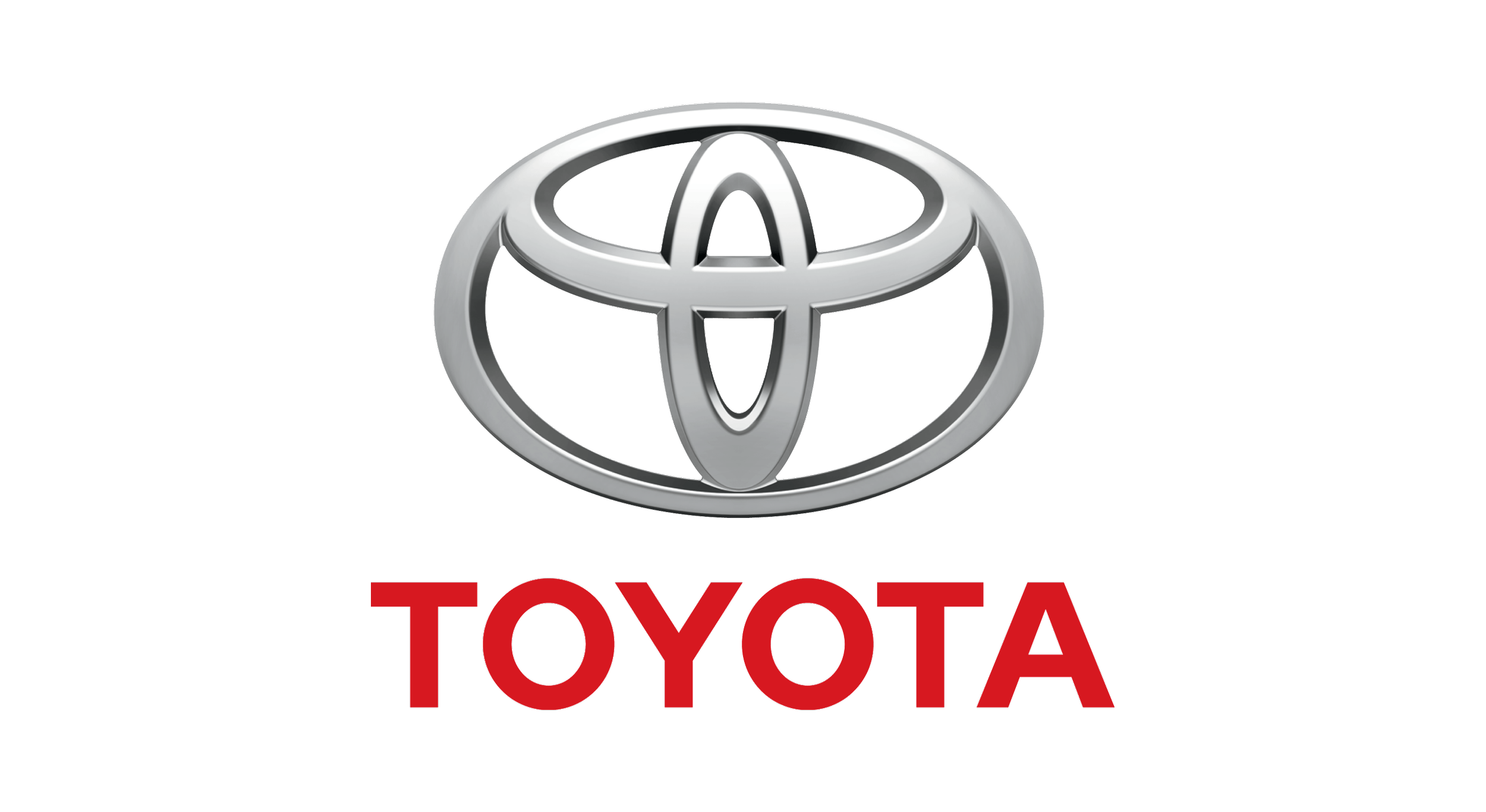 Silver Toyota logo with red Toyota text below it on a black background.