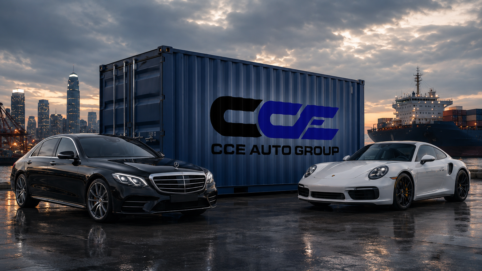Black Mercedes-Benz luxury sedan and white Porsche sports car parked in front of a shipping container with CCE Auto Group logo, city skyline and cargo ship in background at sunset
